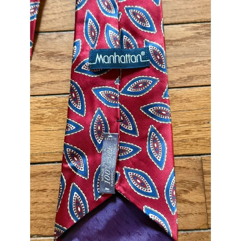 Vintage Manhattan Silk Tie Red Blue Geometric Leaf Medallion Made in USA Retro